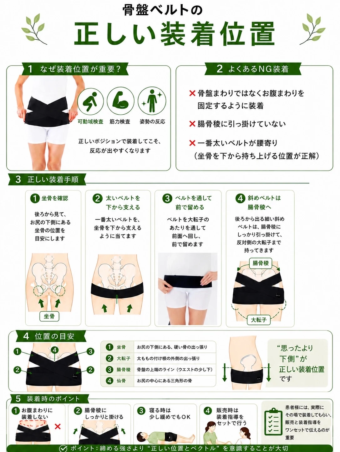 骨盤ベルトの正しい装着位置と、装着時のポイントを1枚にまとめた図解